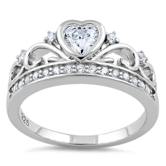 925 STERLING SILVER Heart Crown Tiara Cubic Zirconia Ring - Picture 16 of 16